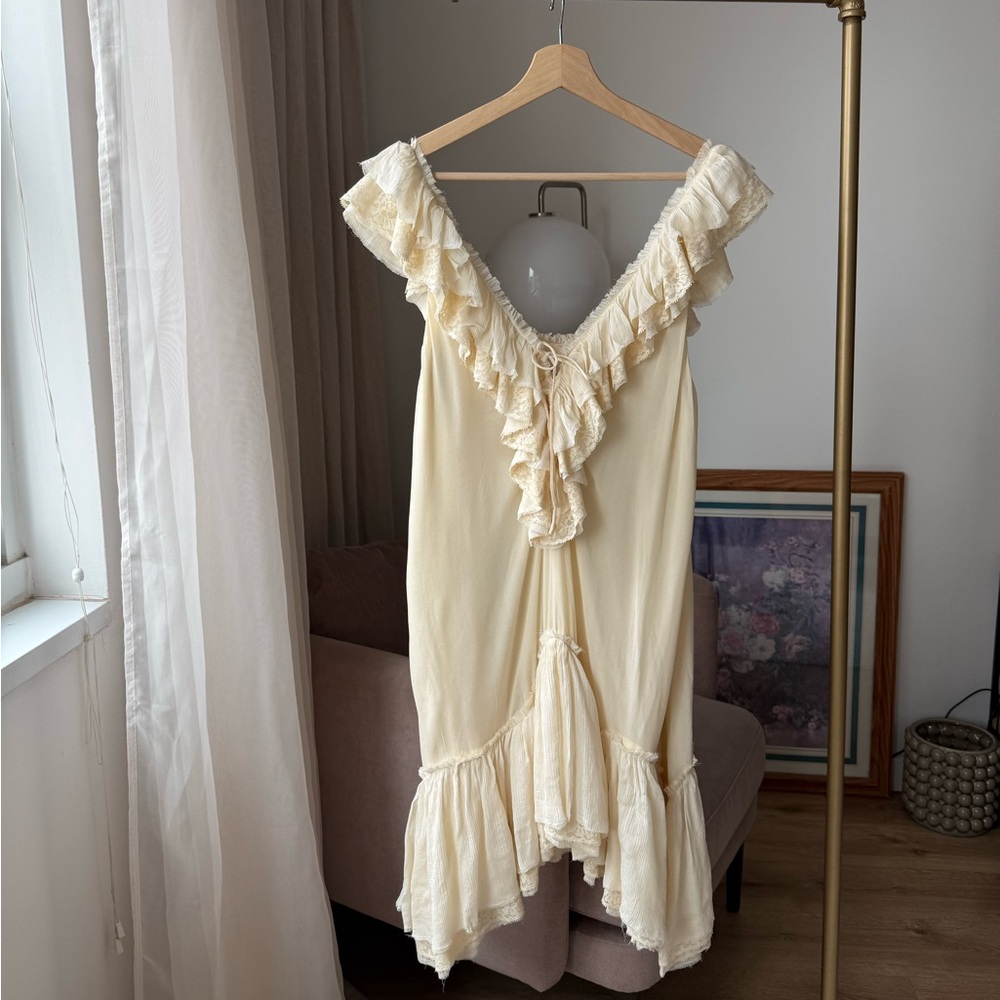 Zara Cream Ruffle V-Neck Midi Dress - Picture 8 of 13